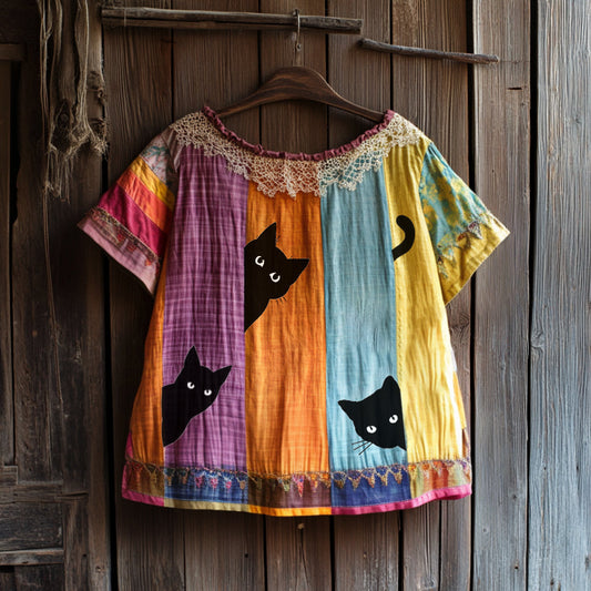 Vintage Abstract Creative Black Cat Peeking With Floral Patchwork Art Cotton Linen Comfy Shirt elevenforest