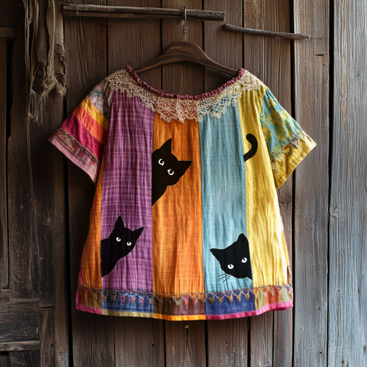 Vintage Abstract Creative Black Cat Peeking With Floral Patchwork Art Cotton Linen Comfy Shirt artswardrobe