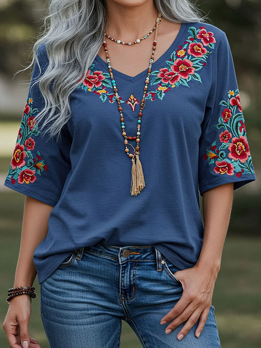Women's Bohemia Ethnic Print Style Line Loose T-shirt artswardrobe