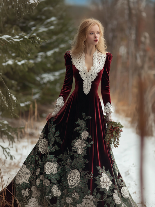 Comstylish Women's Christmas Double-color Patchwork V-neck Velvet Long Dress