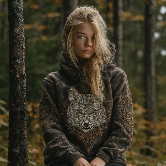 Comstylish Vintage Viking Style Wolf Totem Women's Hooded Sweatshirt