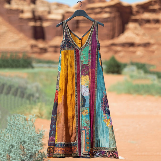 Women's Bohemian Floral Patchwork Vintage Linen Dress artswardrobe