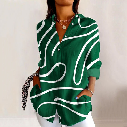 Women's Stripe Art Print Casual Linen Blend Shirt artswardrobe