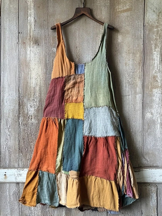 Multicolor Patchwork Linen Blend Midi Dress artswardrobe