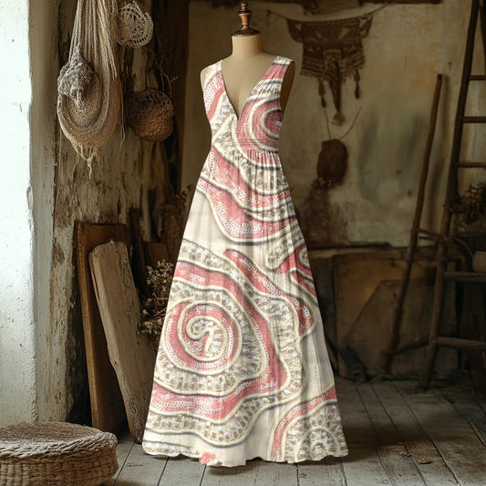 Vintage Floral Embroidered V Neck Linen Maxi Dress artswardrobe