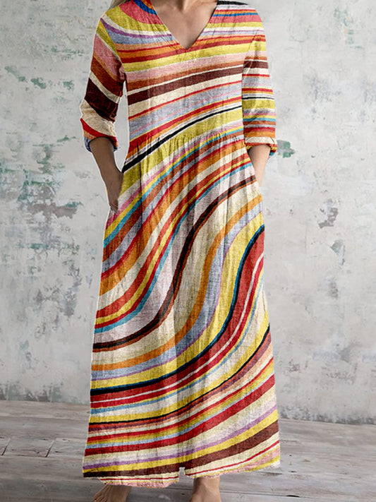 Comstylish Colorful Abstract Lines Art Pattern Linen Maxi Dress