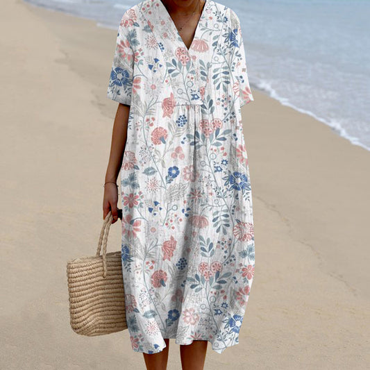 Comstylish Women's Pastoral Floral Art Print Casual Cotton Linen Dress