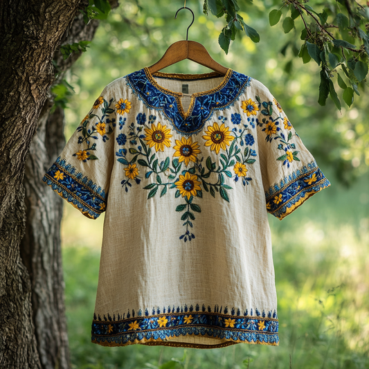 Women's Retro Sunflower Floral Contrast Small V-neck T-shirt artswardrobe