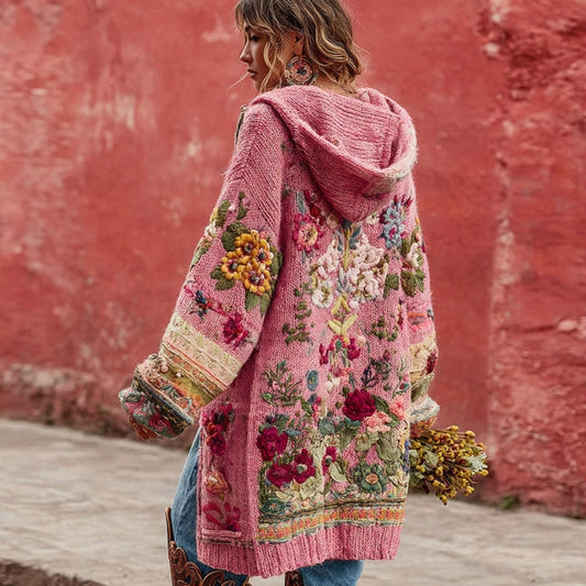 Women's Vintage Bohemian Floral Embroidery Art Cozy Knit Hooded Sweater Cardigan elevenforest