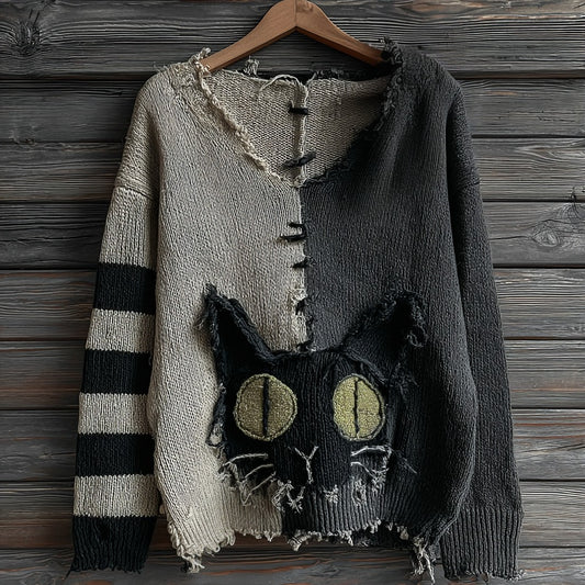 Comstylish Halloween Green-eyed Black Cat Patchwork Knitted V-neck Sweater