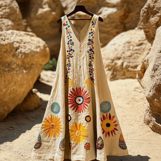 Women's Vintage Sun Moon And Stars Cotton And Linen Dress artswardrobe
