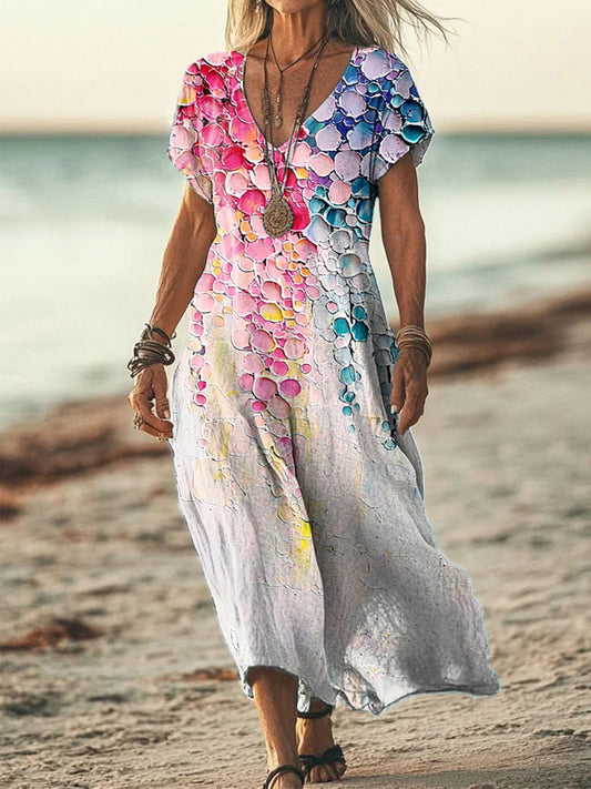 Women's Colorful Oil Painting Textured Linen Blend Dress artswardrobe