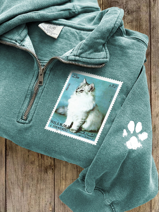 Vintage Cat Stamp Paw Print Zip Up Sweatshirt