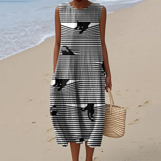Comstylish Women's Vintage Black Cats Stripes Art Print Sleeveless Dress