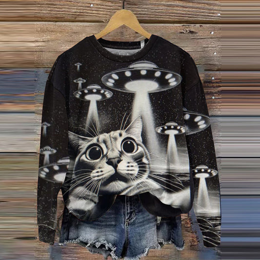 Abstract Creative Ufo Cat Holly Sh*t Their Here Run Print Crew Neck Casual Sweatshirt elevenforest