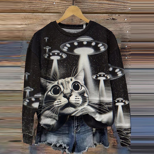 Comstylish Abstract Creative Ufo Cat Holly Sh*t Their Here Run Print Crew Neck Casual Sweatshirt