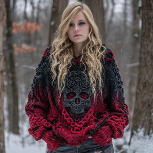 Women's Women's Halloween Rose Celtic Skull Gradient Art Knit Jacquard Crew Neck Sweater artswardrobe