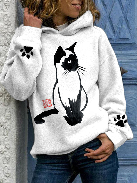 Ink Painting Cat Printed Hooded Sweatshirt elevenforest