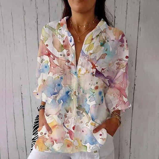 Comstylish Women's Watercolor Art Floral Print Casual Linen Shirt