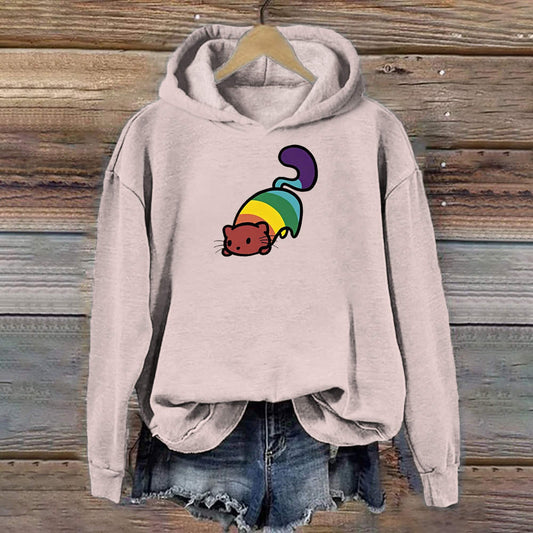 Comstylish Fun Rainbow Cat Print Casual Hooded Sweatshirt
