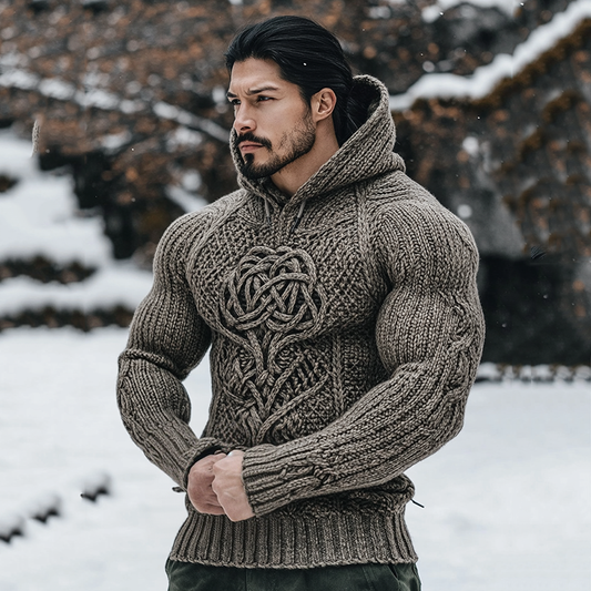 Irish Celtic Tree Of Life Jacquard Cozy Knit Hooded Sweater elevenforest