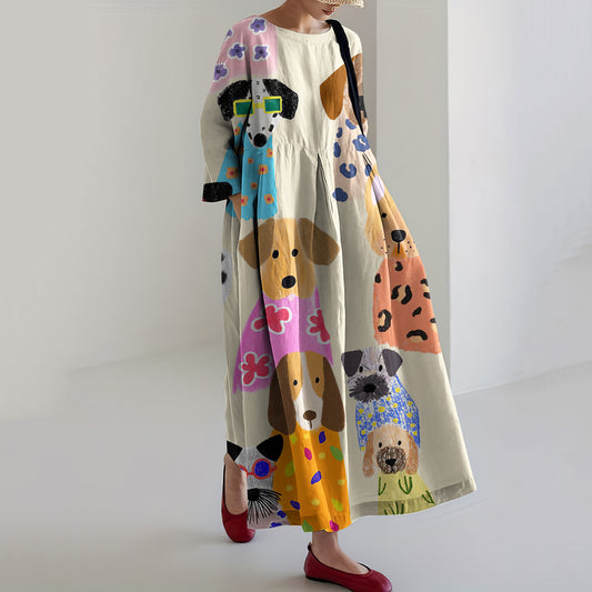 Comstylish Women's Colorful Cute Dogs Casual Long Sleeve Midi Dress