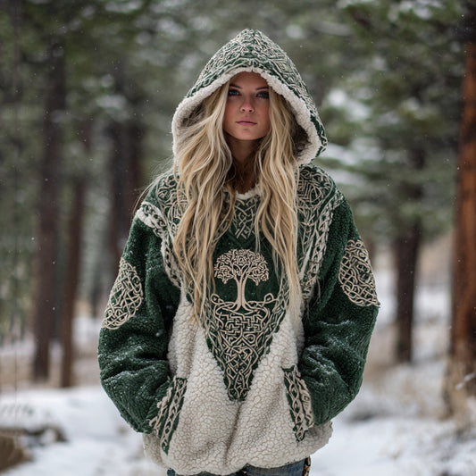 Women's Vintage Tree Of Life Celtic Contrast Color Design Plush Warm Hoodie