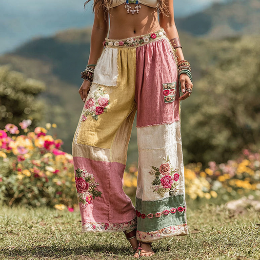 Women's Vintage Floral Art Linen Casual Wide Leg Pants artswardrobe