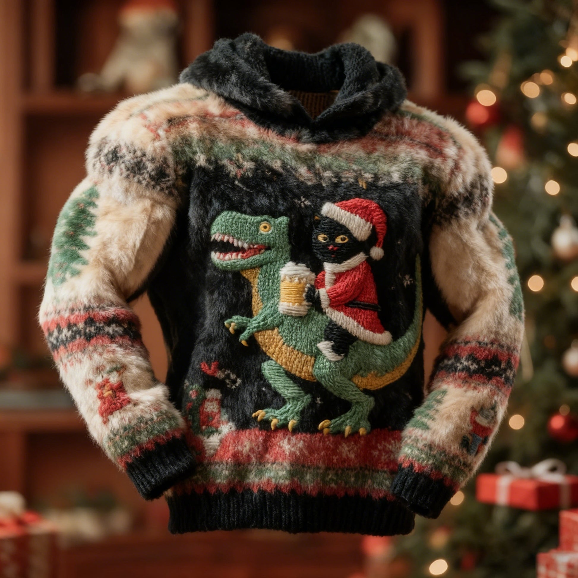 Men's Fun Christmas Cat And Dinosaur Plush Hoodie elevenforest