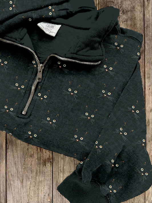 Cute Cat Face Pattern Zip Up Cozy Sweatshirt elevenforest