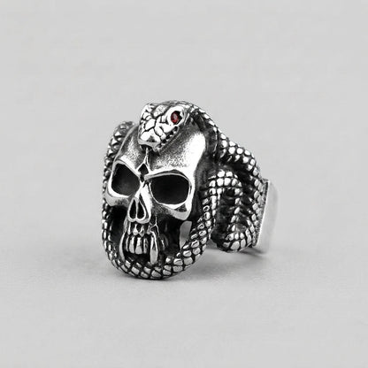 Snake and Skull Ring with Red Crystal Eyes