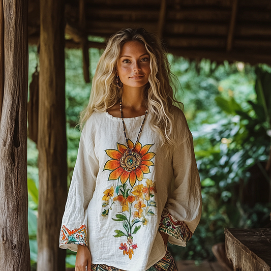 Comstylish Retro Bohemian Resort Linen Art Embroidery Print Cotton And Linen Blend Loose Blouse
