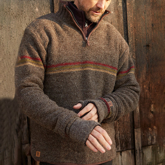 Vintage Warmth Chest Stripes Knit Jacquard Icelandic Half Zip Collar Sweater（Unisex ） elevenforest