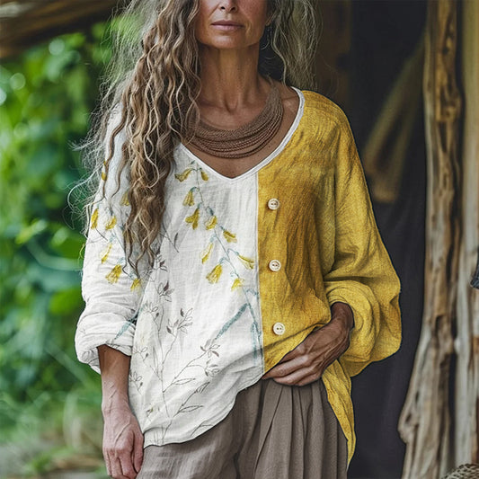 Cottage Floral Contrast Color Patchwork Linen Tunic artswardrobe