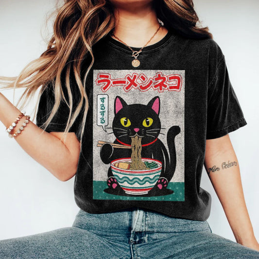 Japanese Style Fun Ramen Cat Print Ladies T-shirt elevenforest