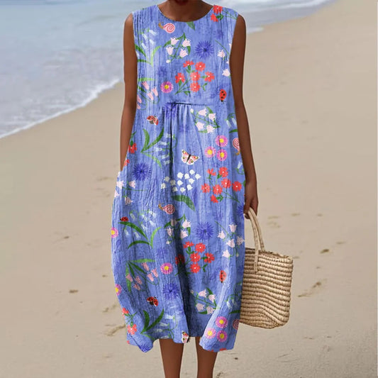 Vintage Purple Floral Art Linen Casual Tank Dress artswardrobe