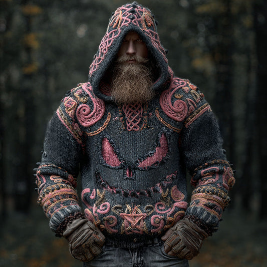 Men's Vintage Viking Halloween Ghost Face Embroidered Hoodie elevenforest