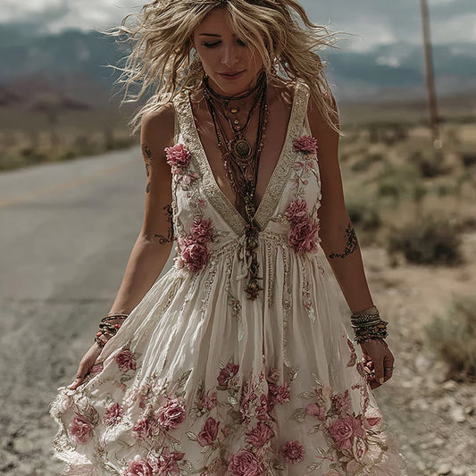 Women's Vintage Rose Floral Embroidery Casual Sleeveless Dress artswardrobe