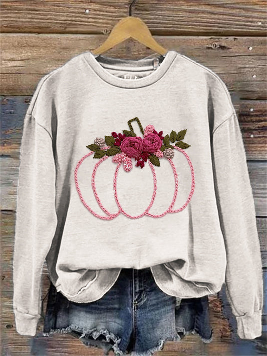 Thanksgiving Pink Pumpkin Floral Embroidered Sweatshirt artswardrobe