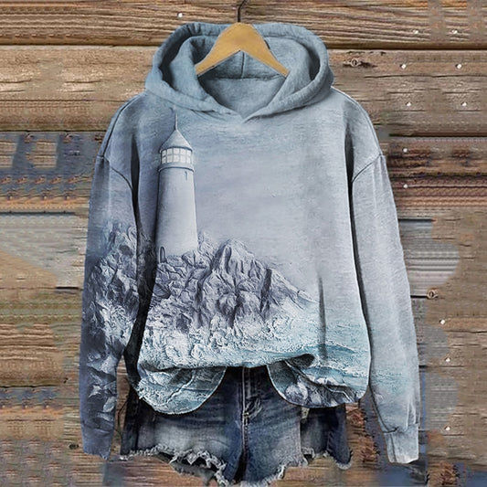 Comstylish Dreamy Lighthouse Seascape Relief Art Hoodie