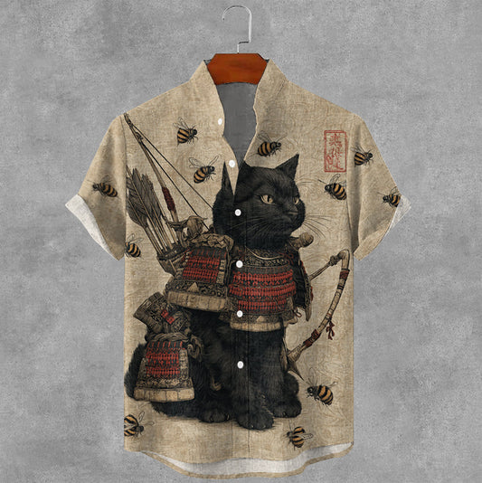 Men's Warrior Cat Japanese Bees Art Print Short Sleeve Shirt elevenforest