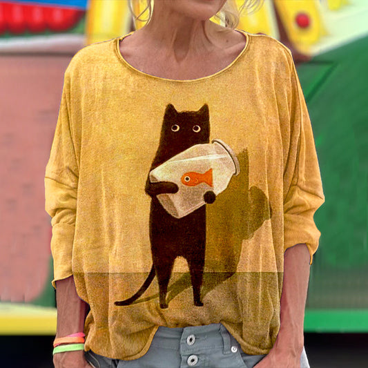 Abstract Creative Cat Goldfish Painting Art Pattern Long Sleeve T-shirt elevenforest