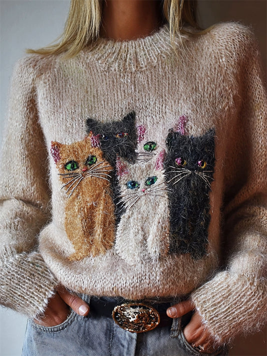 Comstylish Lovely Cats Embroidered Knit Cozy Sweater