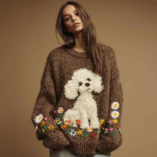 Vintage  Dog Colorful Wildflower Embroidery Crochet Cozy Knit Sweater elevenforest