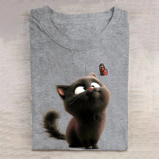 Funny Cat Print Loose Crew Neck Casual T-Shirt elevenforest