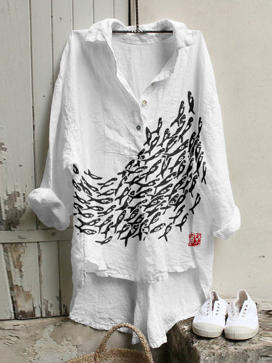 Comstylish Fish Japanese Art Linen Blend High Low Tunic