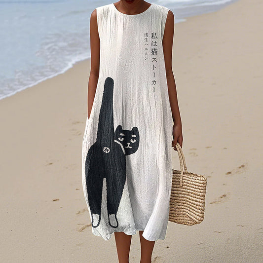 Women's Vintage Japanese Cat Art Pattern Cotton And Linen Dress elevenforest