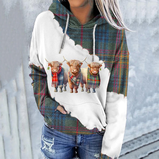 Women's Western Highland Cow Plaid Print Casual Hooded artswardrobe