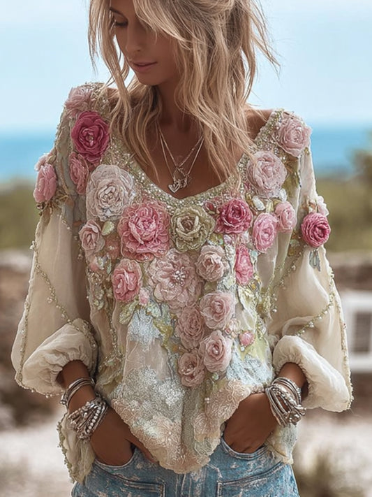 Comstylish Women's Vintage Floral V-neck Long-sleeved Top