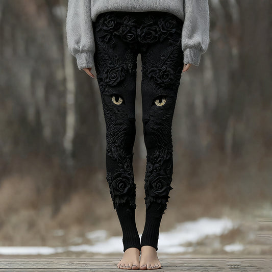 Comstylish Vintage Cute Cat Face With Roses Art Embroidered Cozy Knit Leggings